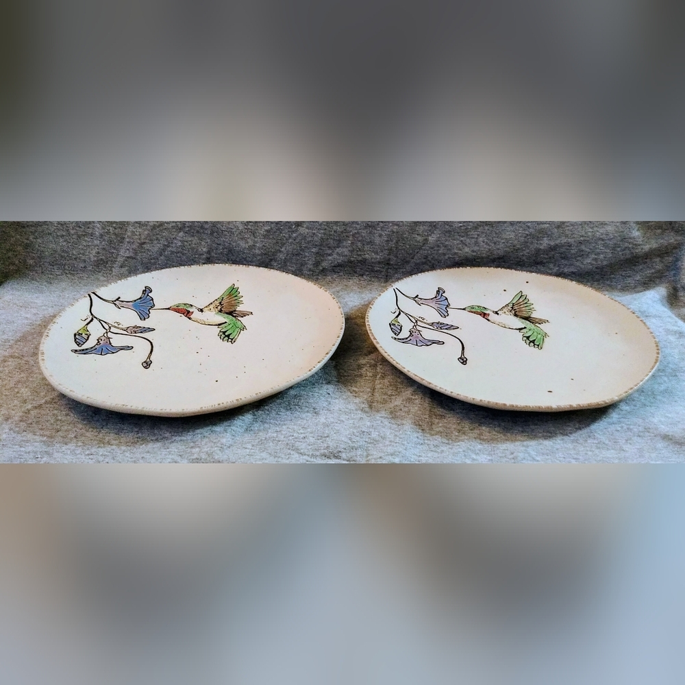 (2) inHomeStylez Ceramic/Stoneware 11" Dinner Plates "Ruby Hummingbird" - Picture 3 of 11